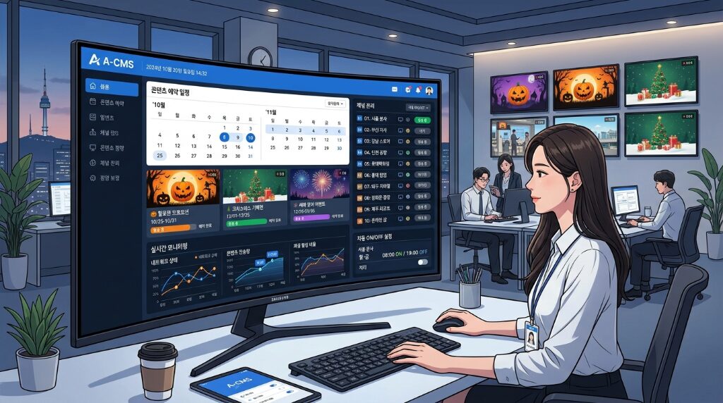 스크린 매니저 플랜 콘텐츠 관리 시스템 대시보드 - 콘텐츠 예약, 채널 관리, 실시간 모니터링 화면