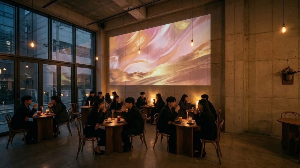 카페 벽면에 빔프로젝터로 미디어 아트를 투사한 공간 연출 사례