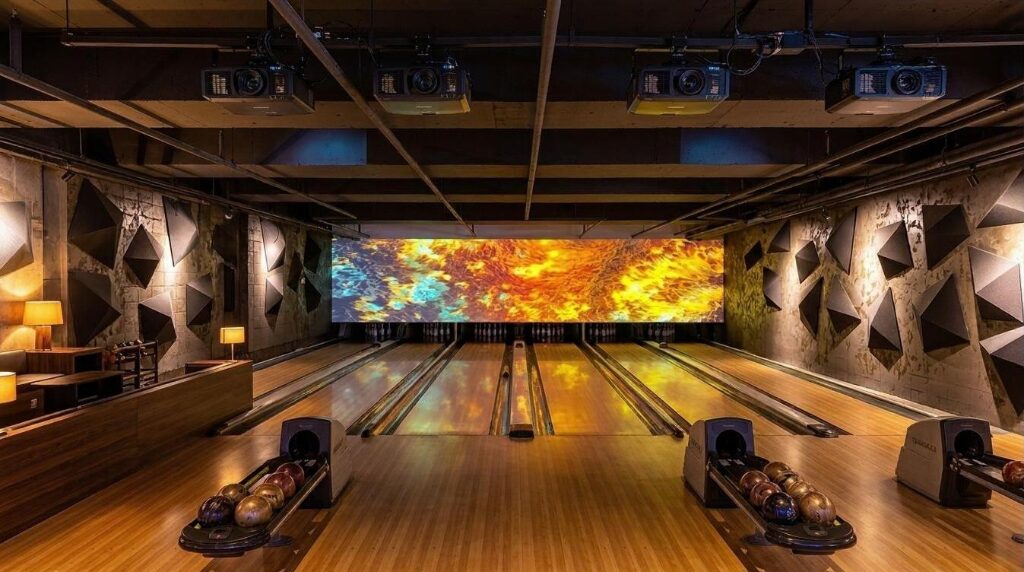 볼링장에 설치된 대형 미디어 월 - 빔프로젝터를 활용한 몰입형 공간 연출 사례