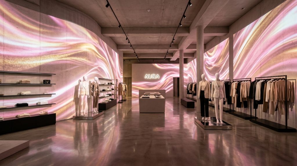 AURA 리테일 패션 브랜드 빔프로젝터·스크린 매니저 콘텐츠 공간 연출